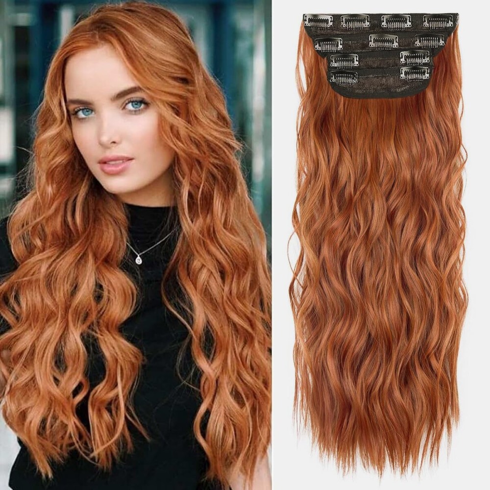 Copper Red Curly Clip In Hair Extensions for Women Synthetic Clip in Long Wavy Extension 20 Inch Double Weft 4PCS Hairpieces Full Head for Women Costume Party Valentine\'s Day
