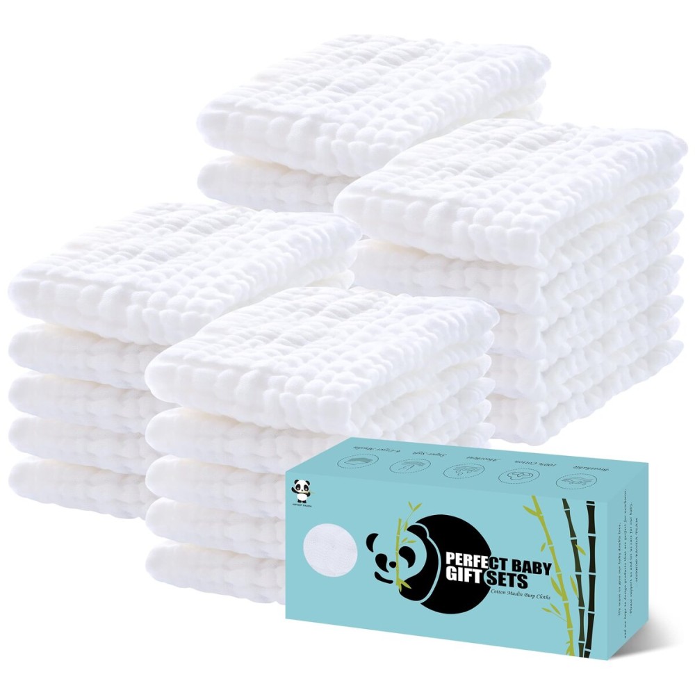 HIPHOP PANDA 20 Pack 6-Layers Muslin Burp Cloths Large - Durable 100% Cotton - Baby Essentials Extra Absorbent and Soft Boys & Girls Rags for Newborn Registry (White, 20 X10)