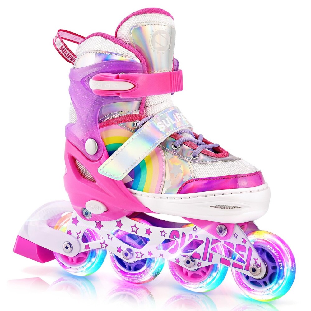 SULIFEEL Rainbow Unicorn Inline Skates for Girls Boys 4 Size Adjustable Light up Wheels Skates for Kids Beginner Pink Small