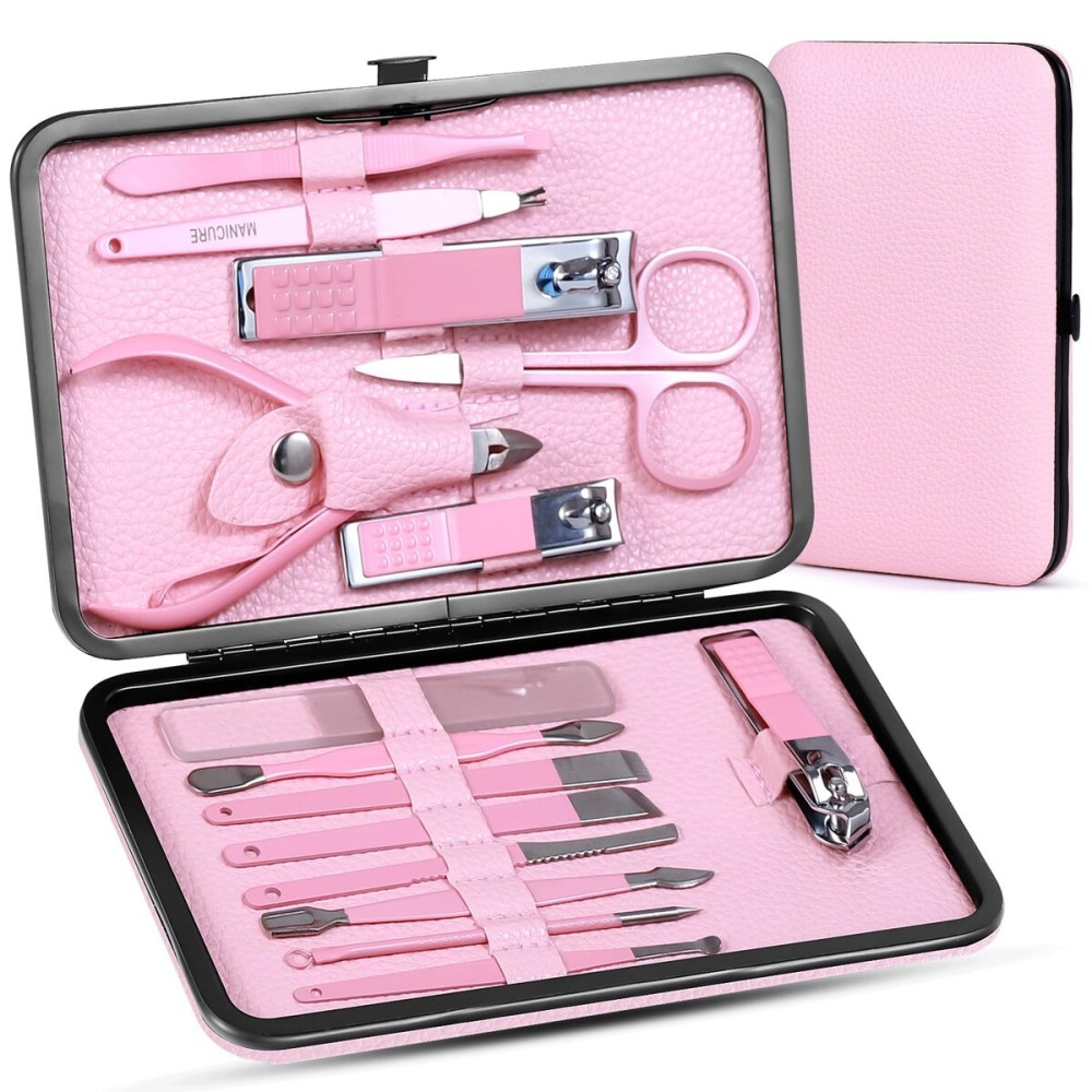 Women\' Manicure Set Pedicure Kit Nail Clippers Set Fingernail Clipper Set Ingrown Toenail Nail Kit Scissor Nail Trimmer Kit 15 in 1 Travel Nail Kit Care Grooming Tools with Fine Case Gift (Pink 15)