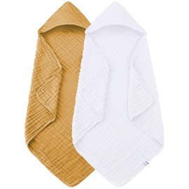 Spotted Play 2 Pack Hooded Baby Towels - 100% Muslin Cotton for Newborns, Infants, Toddlers - Large 32x32Inch Size - Highly Absorbent and Essential for Newborn Care, White and Honey