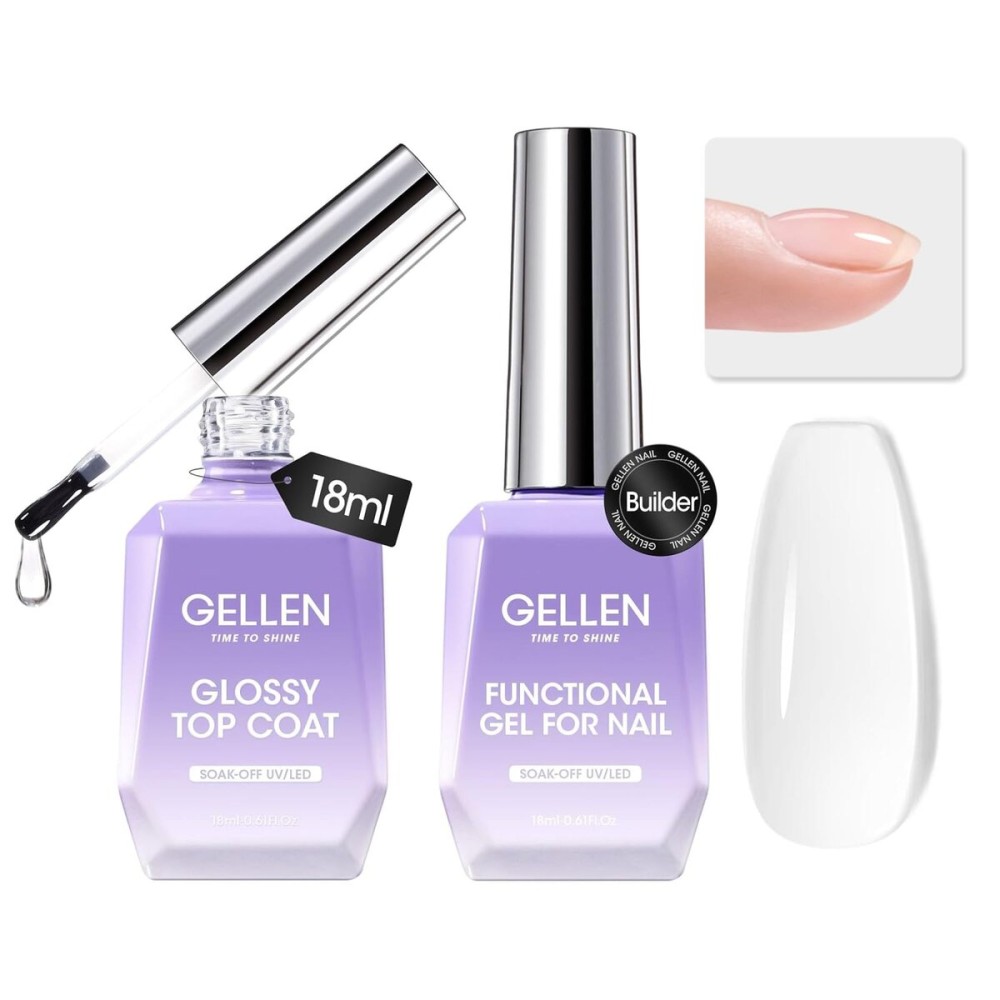 GELLEN Builder Gel for Nails and No Wipe Top Coat, 2Pcs 18ml Nail Builder Gel for Nail Extension & Strengthen and Glossy Top Coat