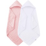 Spotted Play 2 Pack Hooded Baby Towels - 100% Muslin Cotton for Newborns, Infants, Toddlers - Large 32x32Inch Size - Highly Absorbent and Essential for Newborn Care, White and Pink