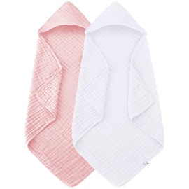 Spotted Play 2 Pack Hooded Baby Towels - 100% Muslin Cotton for Newborns, Infants, Toddlers - Large 32x32Inch Size - Highly Absorbent and Essential for Newborn Care, White and Pink