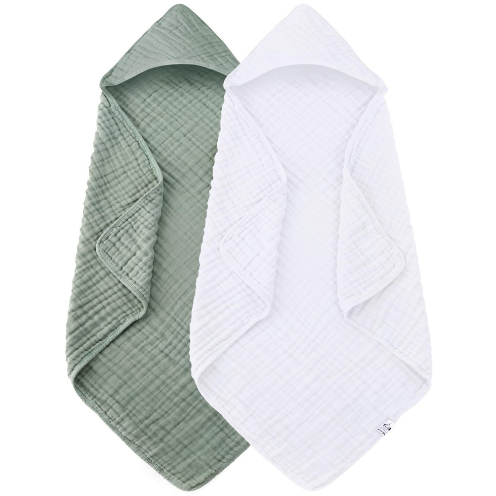 Spotted Play 2 Pack Hooded Baby Towels - 100% Muslin Cotton for Newborns, Infants, Toddlers - Large 32x32Inch Size - Highly Absorbent and Essential for Newborn Care, White and Green