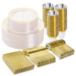 BESTVIP 300PCS Plastic Dinnerware Set (50 Guests), Clear Gold Disposable Plates for Party, Wedding, Christmas, Anniversary, Includes: Dinner Plates, Dessert Plates, Cups, Spoons, Forks and Knives