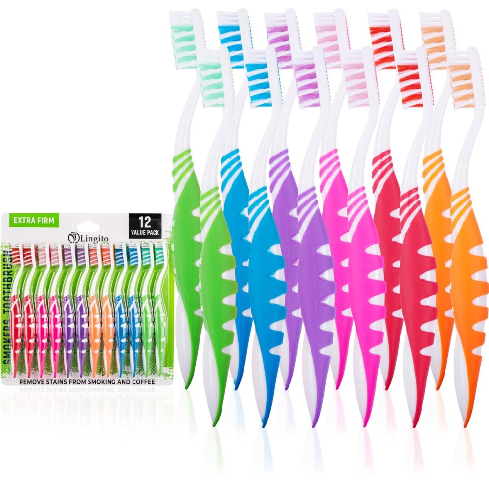 Lingito Extra Firm Toothbrush Set for Adults or Smokers Travel Toothbrush Kit, Hard Multicolor Denture Brush, Large Head, Manual Travel Toothbrush Hard Bristles (12 Pack)