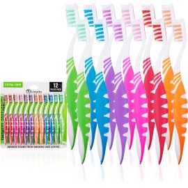 Lingito Extra Firm Toothbrush Set for Adults or Smokers Travel Toothbrush Kit, Hard Multicolor Denture Brush, Large Head, Manual Travel Toothbrush Hard Bristles (12 Pack)