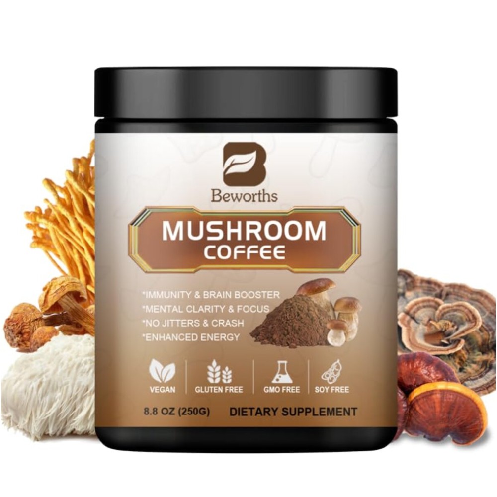 250g Mushroom Coffee - Lion\'s Mane Mushroom Instant Coffee Powder with Lions Mane, Reishi, Chaga, Cordyceps, Turkey Tail - Mushroom Alternative Coffe for Energy, Mental Clarity & Focus, Brain Booster