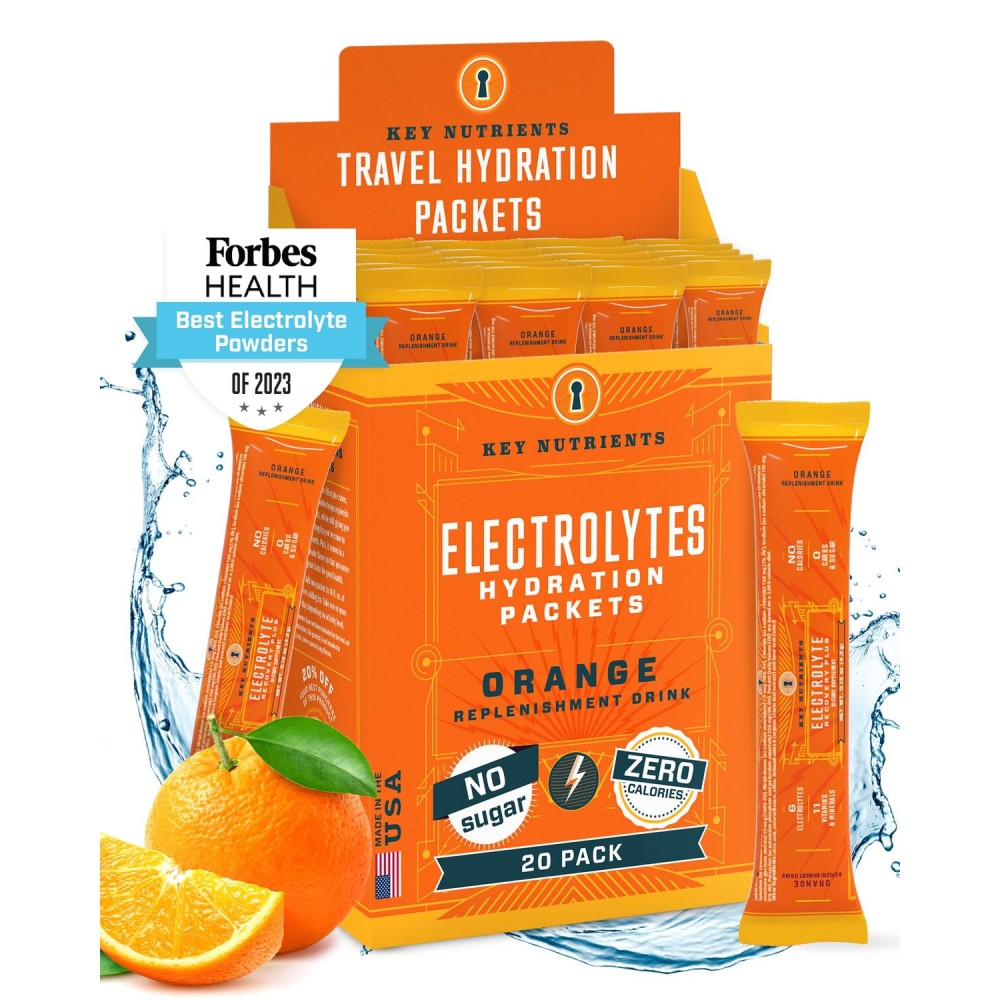 KEY NUTRIENTS Multivitamin Electrolytes Powder Packets - Tangy Orange Post Workout and Recovery 20 Pack Hydration Packets - Travel Hydration Powder - No Sugar, No Calories