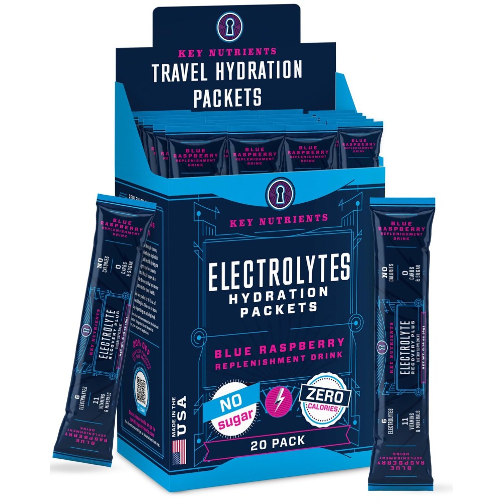KEY NUTRIENTS Electrolytes Powder Packets 20 Pack - No Sugar, Delicious Blue Raspberry, Hydration Packets with Electrolyte Powder for Refreshing Electrolyte Drink Mix Packets - Zero Calories
