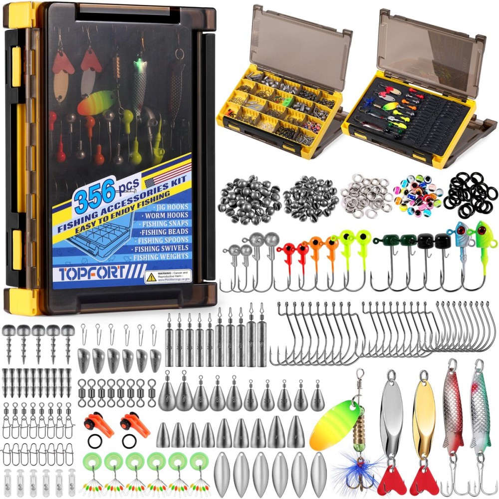 TOPFORT 356PCS Abundant Fishing Accessories Kit with Double-Side Fishing Tackle Box, Fish Gear and Equipment Include Fishing Hooks Jig Head Fishing Weights Sinkers for Trout Bass Crappie