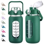 kytffu 42oz Glass Water Bottles with Straw, Motivational Glass Bottle with Silicone Sleeve and Time Marker, Leakproof Large Glass Water Jug for Gym Home Office, Ink green
