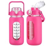 kytffu 42oz Glass Water Bottles with Straw, Motivational Glass Bottle with Silicone Sleeve and Time Marker, Leakproof Large Glass Water Jug for Gym Home Office,Rose red