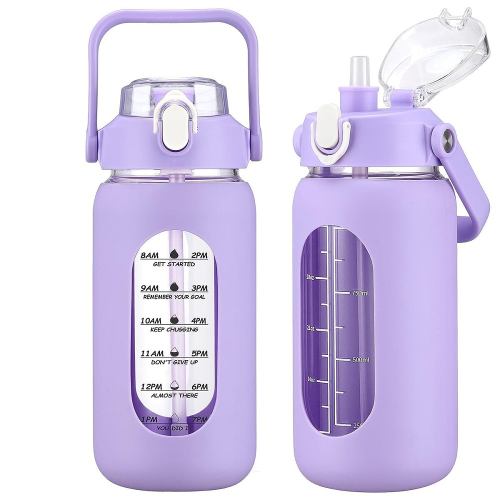 kytffu 42oz Glass Water Bottles with Straw, Motivational Glass Bottle with Silicone Sleeve and Time Marker, Leakproof Large Glass Water Jug for Gym Home Office,Purple