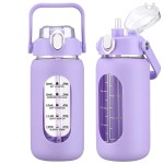 kytffu 42oz Glass Water Bottles with Straw, Motivational Glass Bottle with Silicone Sleeve and Time Marker, Leakproof Large Glass Water Jug for Gym Home Office,Purple