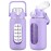 kytffu 42oz Glass Water Bottles with Straw, Motivational Glass Bottle with Silicone Sleeve and Time Marker, Leakproof Large Glass Water Jug for Gym Home Office,Purple