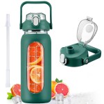 kytffu 56oz Glass Water Bottles with Straw, Motivational Glass Bottle with Silicone Sleeve and Time Marker, Leakproof Large Glass Water Jug for Gym Home Office,Ink green