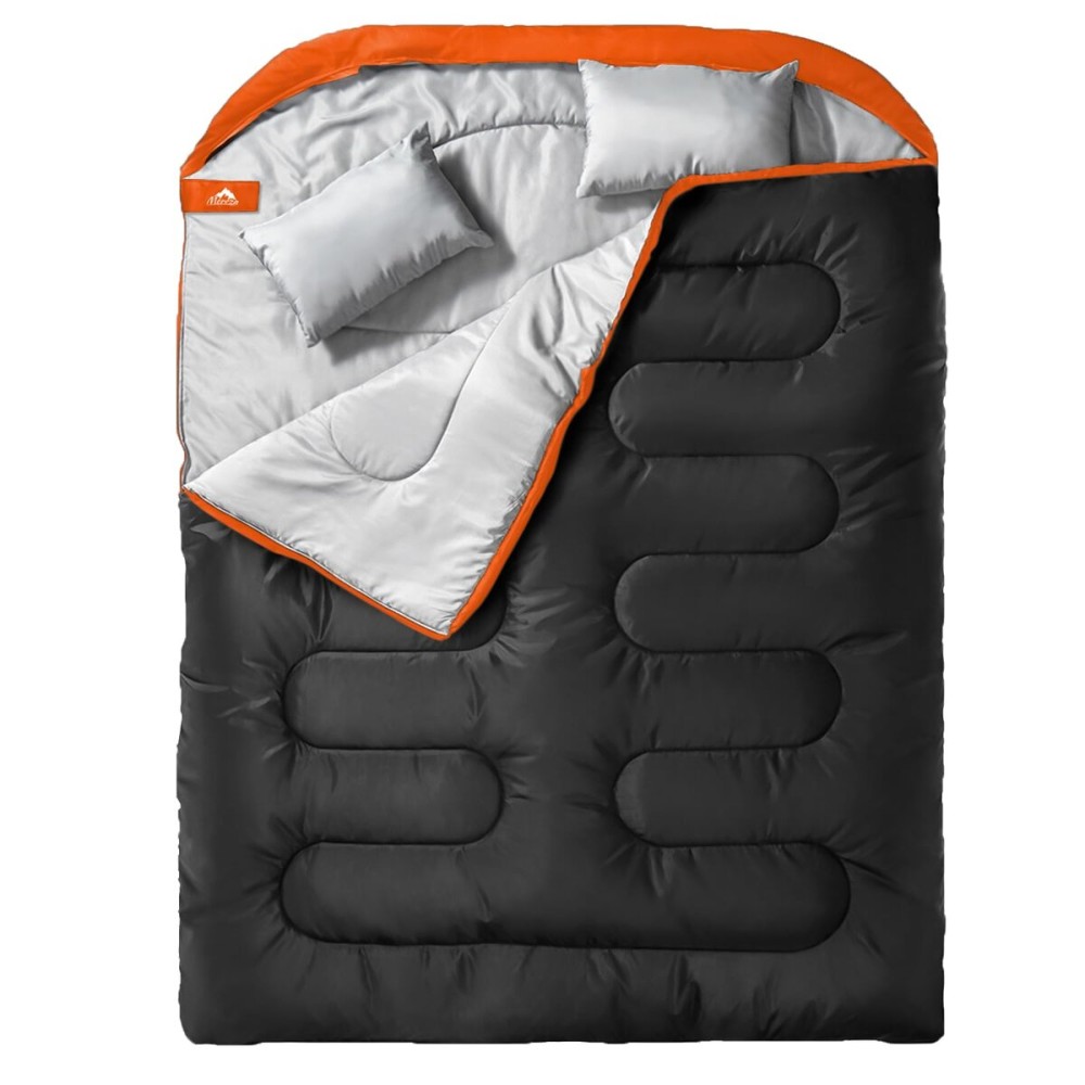 MEREZA Double Sleeping Bag for Adults Mens with Pillow, XL Queen Size Two Person Sleeping Bag for All Season Camping Hiking Backpacking 2 Person Sleeping Bags for Cold Weather & Warm (Black&Orange)