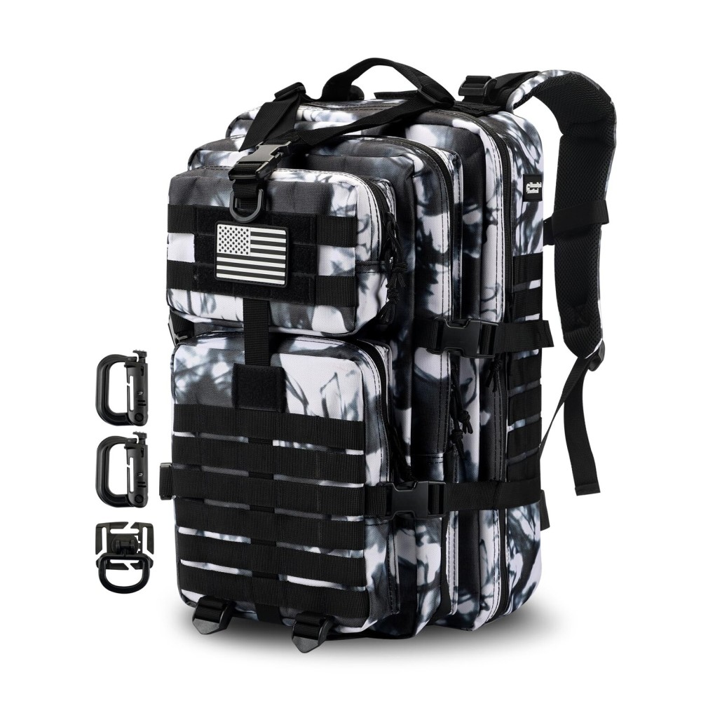 Hannibal Tactical MOLLE Assault Backpack, Tactical Backpack Military Army Camping Rucksack, 3-Day Pack Trip w/USA Flag Patch, D-Rings, Black White camo