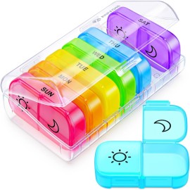 AUVON XL Weekly Pill Organizer 2 Times a Day with Large Opening for Easy Filling, AM PM Pill Box 7 Day in Rainbow Colors, Portable Travel Pill Case for Medication, Vitamins, Fish Oils, Supplements