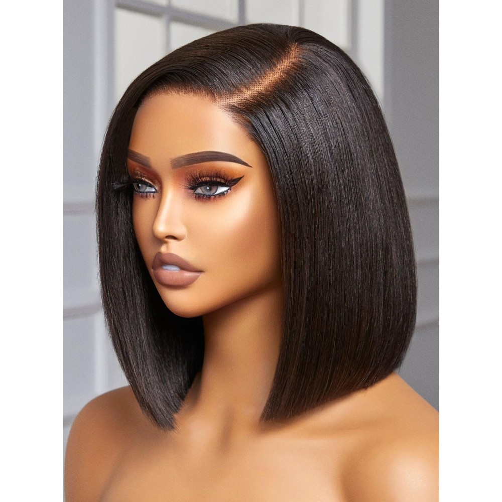 LUVME HAIR 10 Inch Light Yaki Straight Bob Wig Human Hair, Undetectable HD Lace Glueless Bob Wigs Human Hair Pre Plucked, Pre Cut Lace Wig Short Black Blunt Cut Bob Wigs