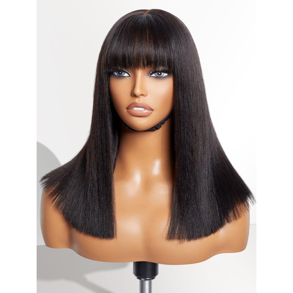 LUVME HAIR 14 Inch Light Yaki Straight Bob Wig with Bangs Human Hair Realistic HD Lace Short Black Bob Wigs, Ready to Go Blunt Cut Bob Wig Glueless 180 Density