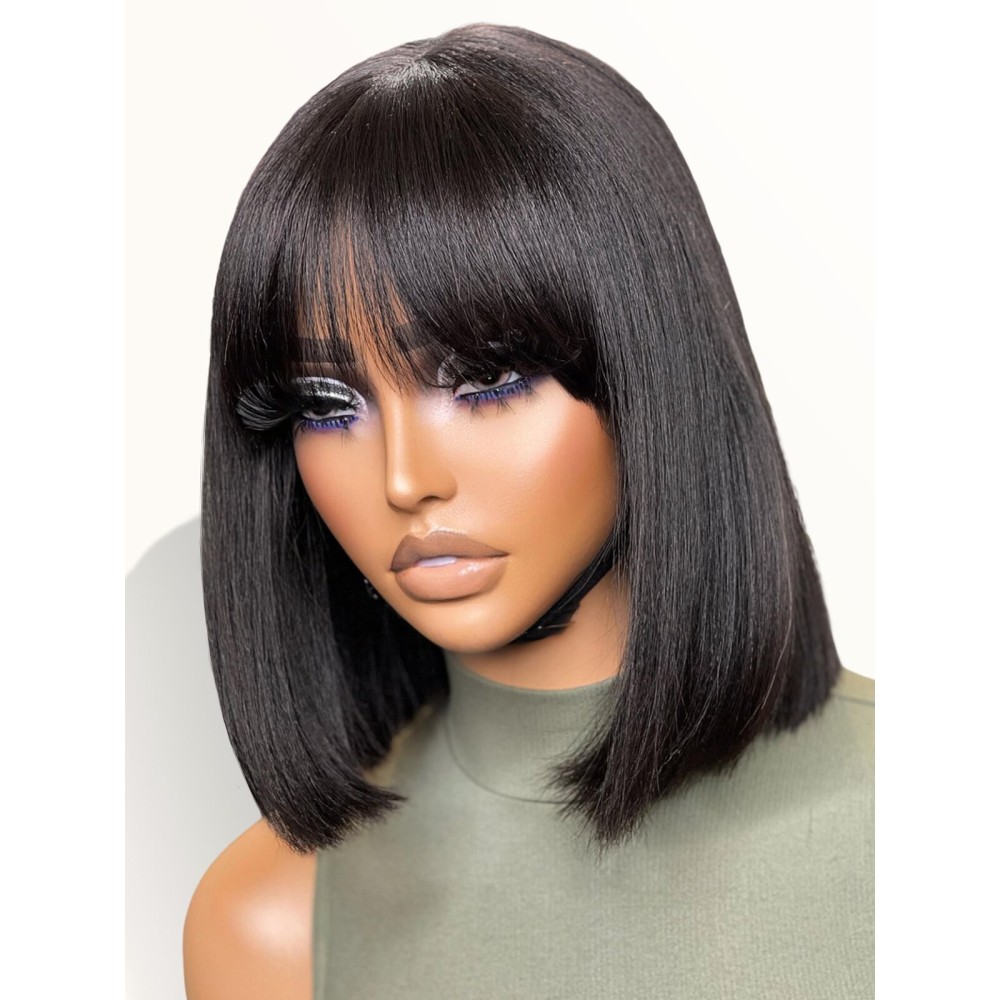 LUVME HAIR 10 Inch Light Yaki Straight Bob Wig with Bangs Human Hair Realistic HD Lace Short Black Bob Wigs, Ready to Go Blunt Cut Bob Wig Glueless 180 Density