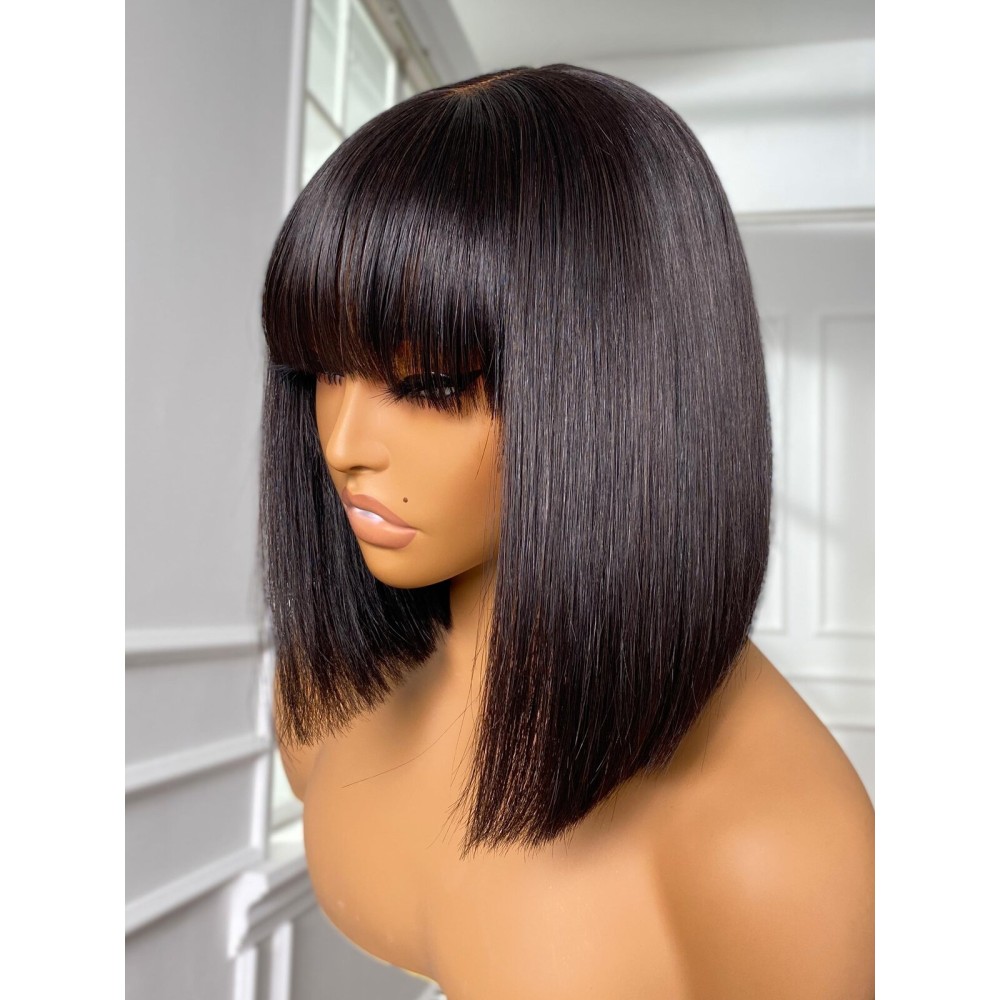 LUVME HAIR 10 Inch Silky Straight Bob Wig with Bangs Human Hair Realistic HD Lace Short Black Bob Wigs, Ready to Go Blunt Cut Bob Wig Glueless 180 Density