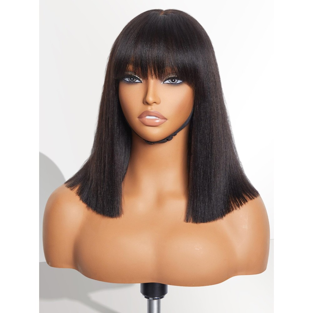 LUVME HAIR 12 Inch Light Yaki Straight Bob Wig with Bangs Human Hair Realistic HD Lace Short Black Bob Wigs, Ready to Go Blunt Cut Bob Wig Glueless 180 Density