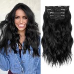 ALXNAN Clip in Long Wavy Synthetic Hair Extension 16 Inch Black 4PCS Thick Hairpieces Fiber Double Weft Hair for Women