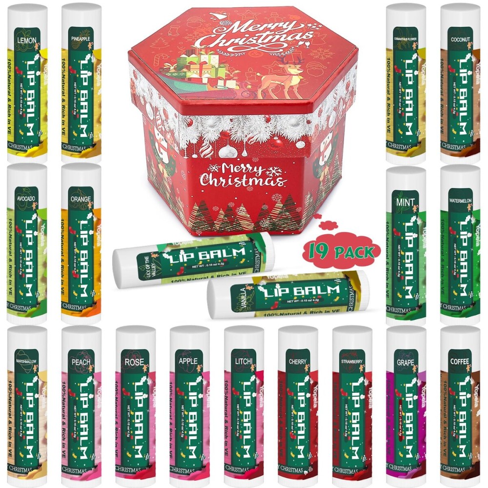 Yopela 19 Pack Christmas Natural Lip Balm Bulk with Vitamin E and Coconut Oil Lip Care Set - Moisturizing, Soothing, and Repairing Dry and Chapped Lips - 19 Flavors - Non-GMO