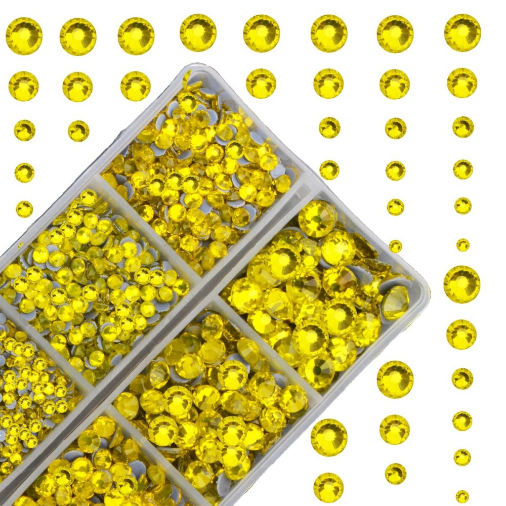 10000Pcs 2-Boxes Mixed Size Hot Fix Round Crystals Gems Glass Stones Hotfix Flat Back Rhinestones with Tweezers and Picking Pencil (Yellow)