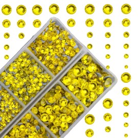 10000Pcs 2-Boxes Mixed Size Hot Fix Round Crystals Gems Glass Stones Hotfix Flat Back Rhinestones with Tweezers and Picking Pencil (Yellow)