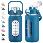 kytffu 42oz Glass Water Bottles with Straw, Motivational Glass Bottle with Silicone Sleeve and Time Marker, Leakproof Large Glass Water Jug for Gym Home Office,Iron Blue