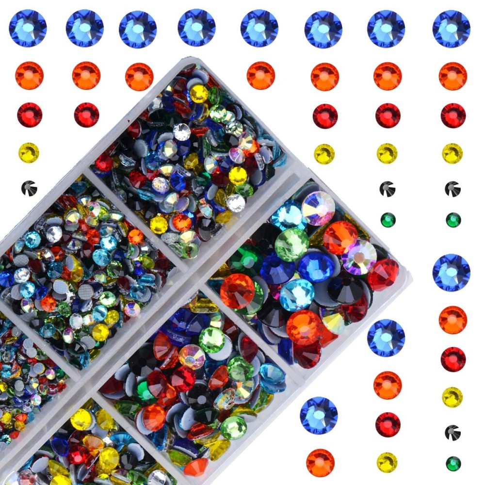 10000Pcs 2-Boxes Mixed Size Hot Fix Round Crystals Gems Glass Stones Hotfix Flat Back Rhinestones with Tweezers and Picking Pencil (Multi Color)