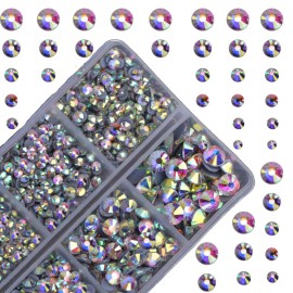 10000Pcs 2-Boxes Mixed Size Hot Fix Round Crystals Gems Glass Stones Hotfix Flat Back Rhinestones with Tweezers and Picking Pencil (Crystal AB)