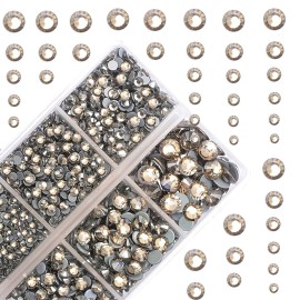 10000Pcs 2-Boxes Mixed Size Hot Fix Round Crystals Gems Glass Stones Hotfix Flat Back Rhinestones with Tweezers and Picking Pencil (Black Diamond)