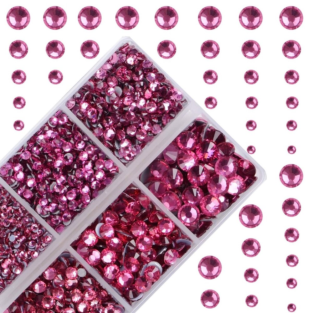 10000Pcs 2-Boxes Mixed Size Hot Fix Round Crystals Gems Glass Stones Hotfix Flat Back Rhinestones with Tweezers and Picking Pencil (Fuchsia)