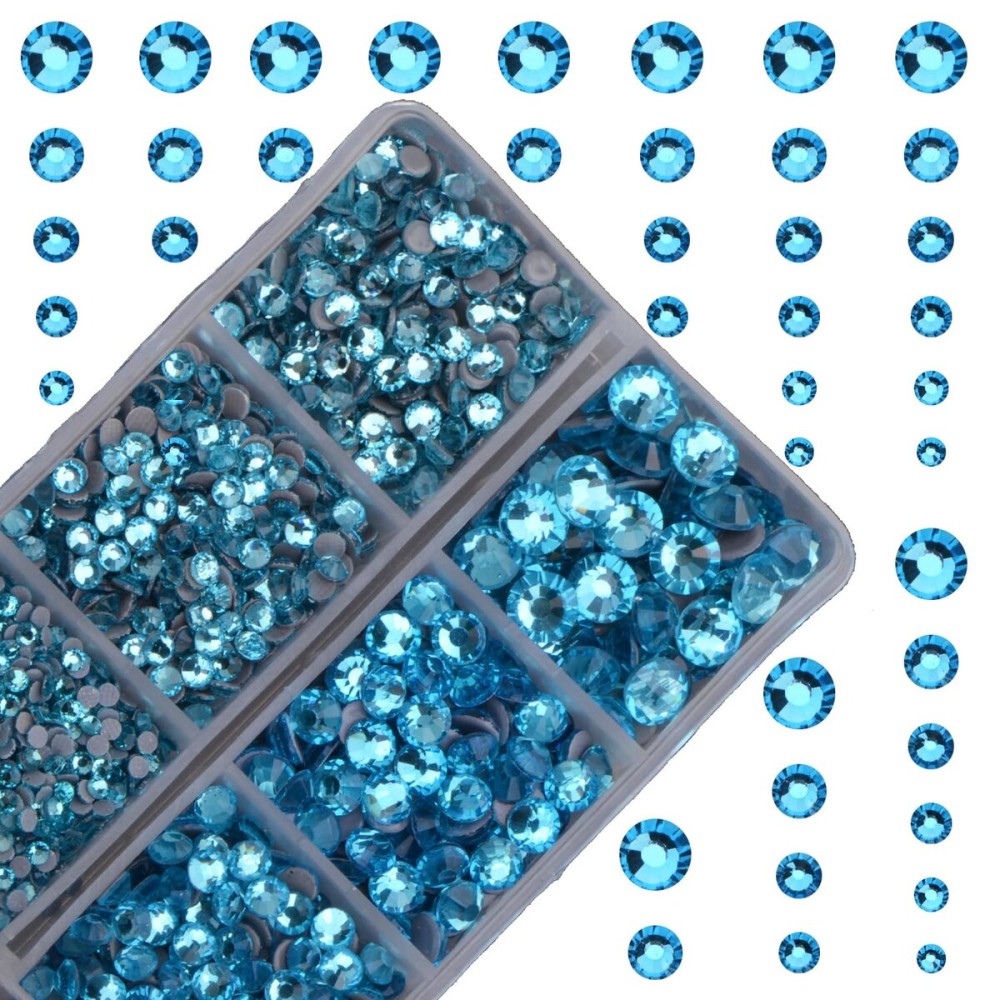 10000Pcs 2-Boxes Mixed Size Hot Fix Round Crystals Gems Glass Stones Hotfix Flat Back Rhinestones with Tweezers and Picking Pencil (Aquamarine)
