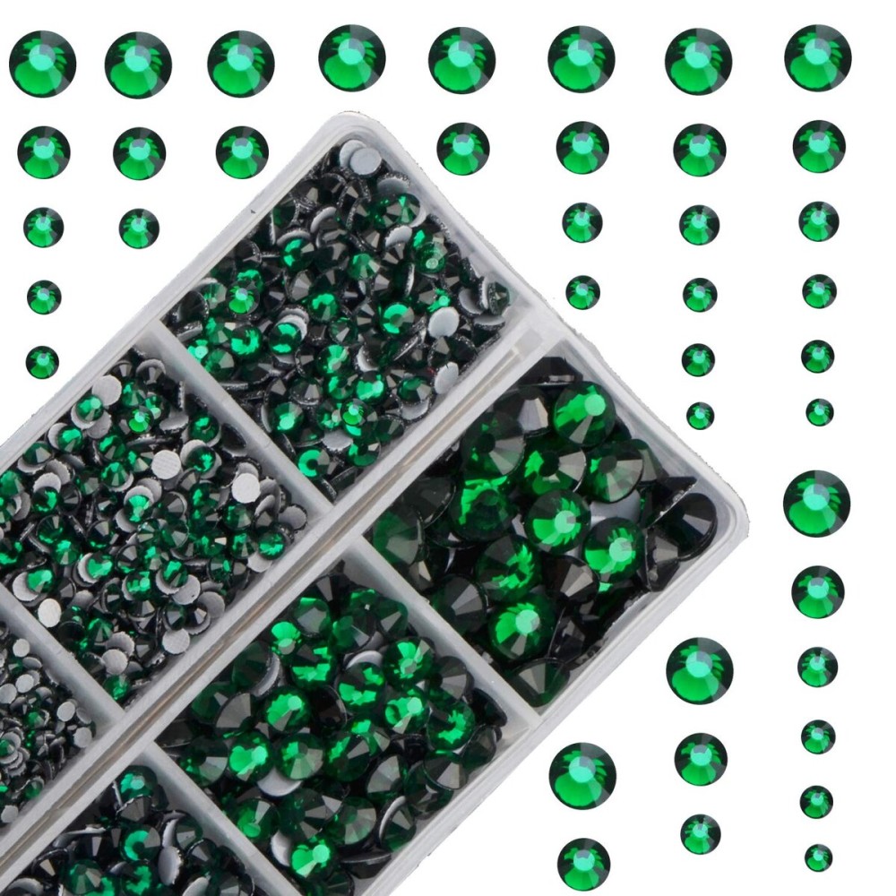 10000Pcs 2-Boxes Mixed Size Hot Fix Round Crystals Gems Glass Stones Hotfix Flat Back Rhinestones with Tweezers and Picking Pencil (Emerald)
