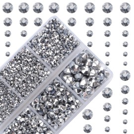 10000Pcs 2-Boxes Mixed Size Hot Fix Round Crystals Gems Glass Stones Hotfix Flat Back Rhinestones with Tweezers and Picking Pencil (Labrador Silver)