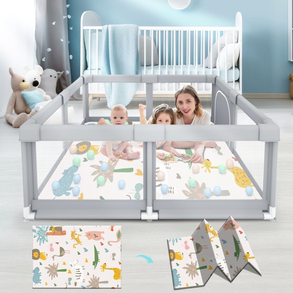 Fshibila Baby Playpen with Mat, Baby Playpens for Babies and Toddlers, BabyFence Play Pen for Indoor & Outdoor, Sturdy Safety Play Yard with Soft Breathable Mesh, 50 * 50 * 27 inches Grey