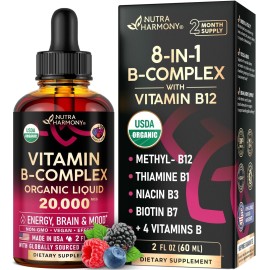 USDA Organic Vitamin B-Complex B5 Pantothenic Acid | B12 Methylcobalamin | B1 Thiamine | B6 Pyridoxine | B7 Biotin | B9 Folic | B3 Niacinamide - B Complex Liquid Drops, Made in USA Supplement, 2fl oz