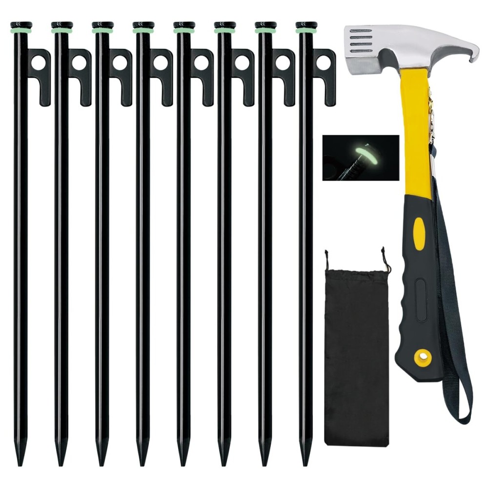 8 Pack Tent Stakes with Hammer, 16in Heavy Duty Tent Stakes + 12in Camping Hammer+Storage Pouch, Forged Steel Stakes for Camping Used on Rocks(8Pcs 16in Stakes and Hammer)