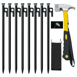 8 Pack Tent Stakes with Hammer, 16in Heavy Duty Tent Stakes + 12in Camping Hammer+Storage Pouch, Forged Steel Stakes for Camping Used on Rocks(8Pcs 16in Stakes and Hammer)