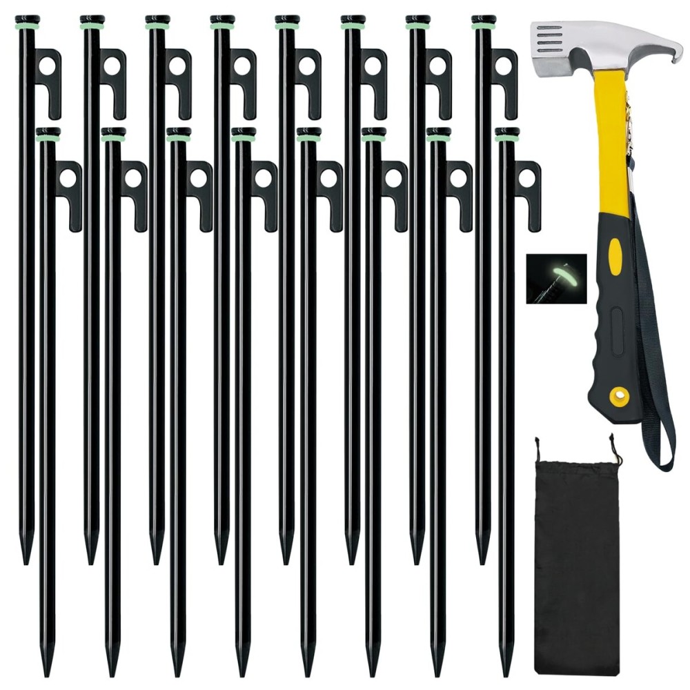 16 Pack Tent Stakes with Hammer,16in Heavy Duty Tent Stakes + 12in Camping Hammer+Storage Pouch, Forged Steel Stakes for Camping Used on Rocks, Grassland(16Pcs 16in Stake+Hammer)