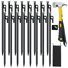 16 Pack Tent Stakes with Hammer,16in Heavy Duty Tent Stakes + 12in Camping Hammer+Storage Pouch, Forged Steel Stakes for Camping Used on Rocks, Grassland(16Pcs 16in Stake+Hammer)