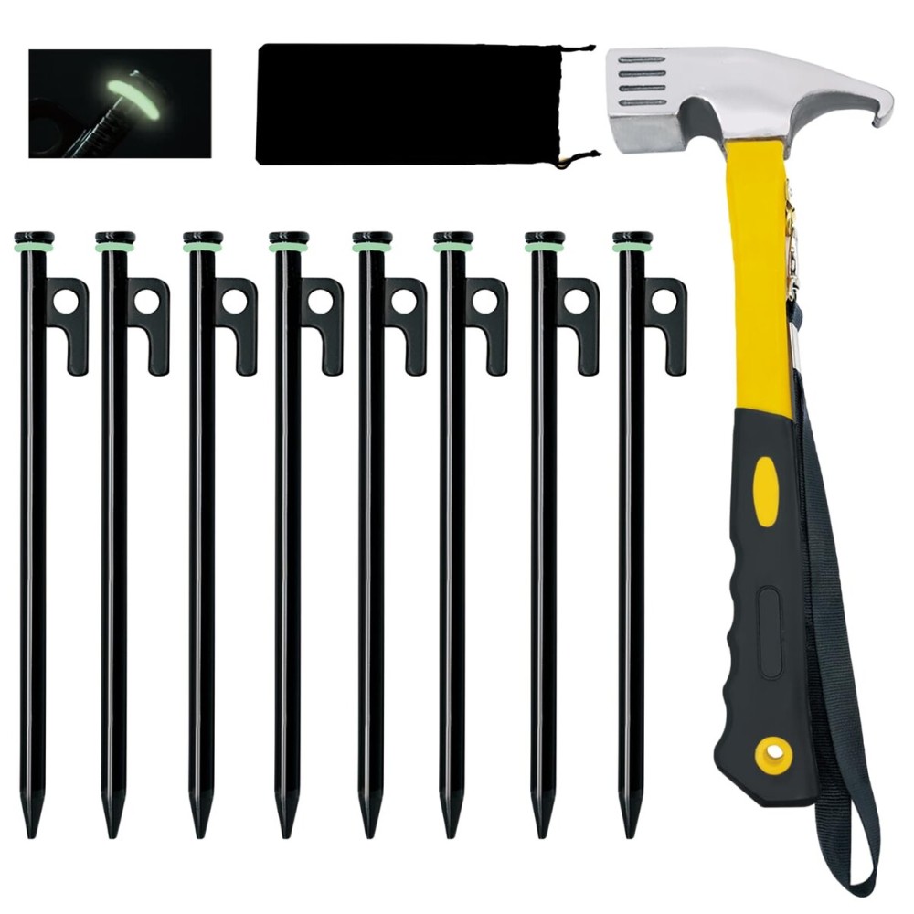 8 Pack Tent Stakes with Hammer, 8in Heavy Duty Tent Stakes + 10in Camping Hammer+Storage Pouch, Forged Steel Stakes for Camping Used on Rocks(8Pcs 8in Stake and Hammer)