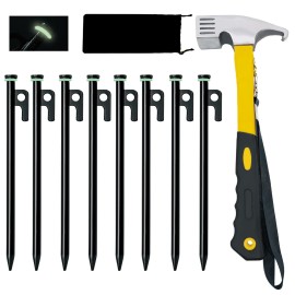 8 Pack Tent Stakes with Hammer, 8in Heavy Duty Tent Stakes + 10in Camping Hammer+Storage Pouch, Forged Steel Stakes for Camping Used on Rocks(8Pcs 8in Stake and Hammer)